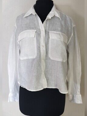 GAP White Sheer Linen Button-Down Shirt with Chest Pockets